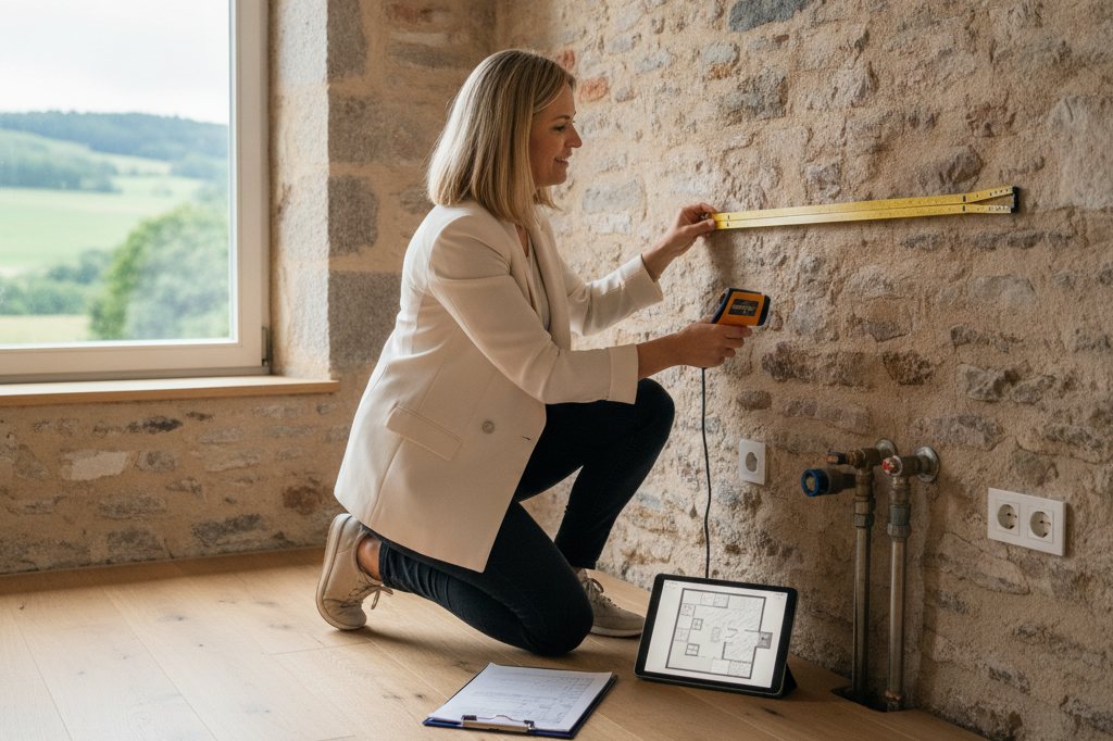 Küchenplanerin misst eine Bruchsteinwand mit Zollstock und Laser aus, Grundriss auf dem Tablet